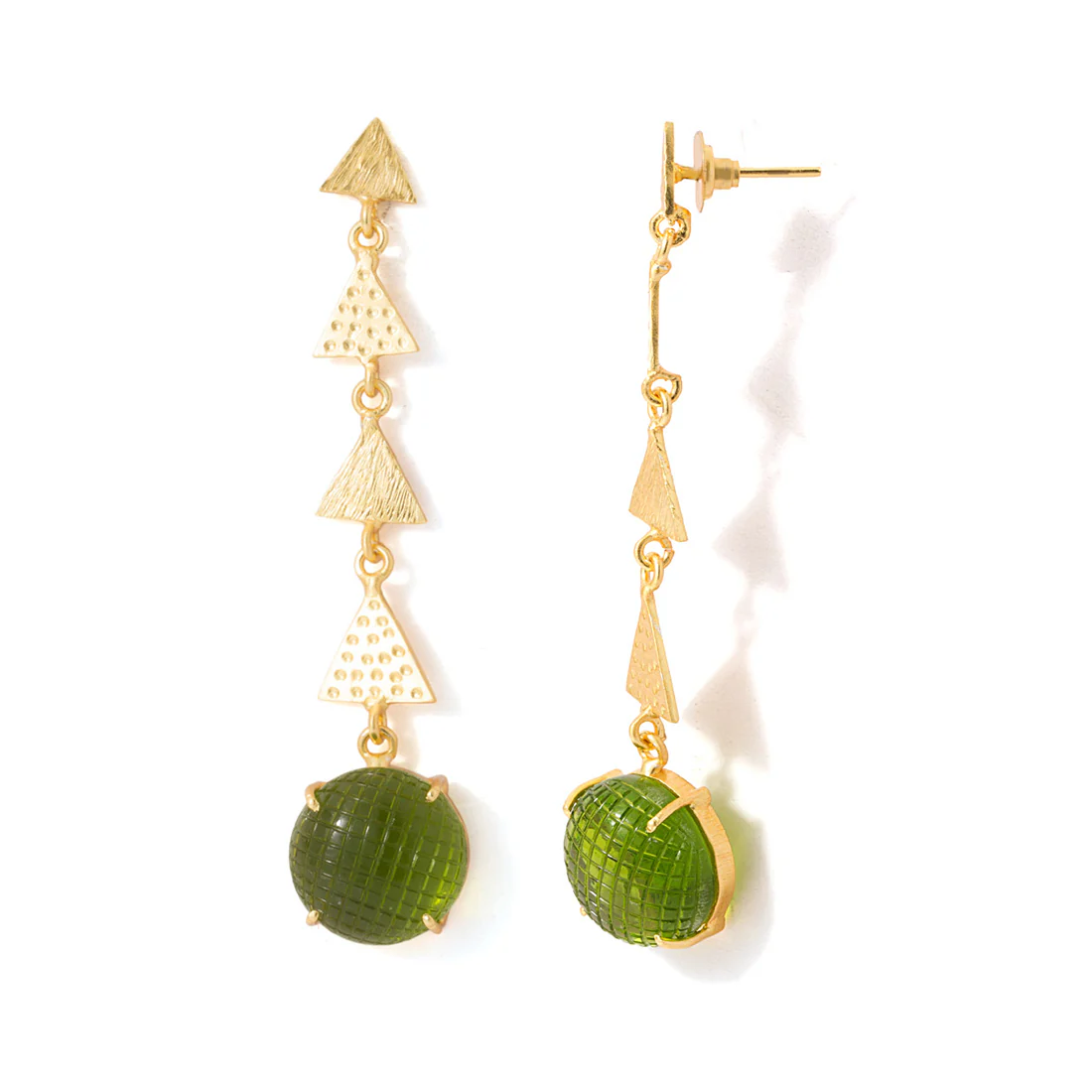 Green Stone Decked Golden Dangler Earrings - Image 4