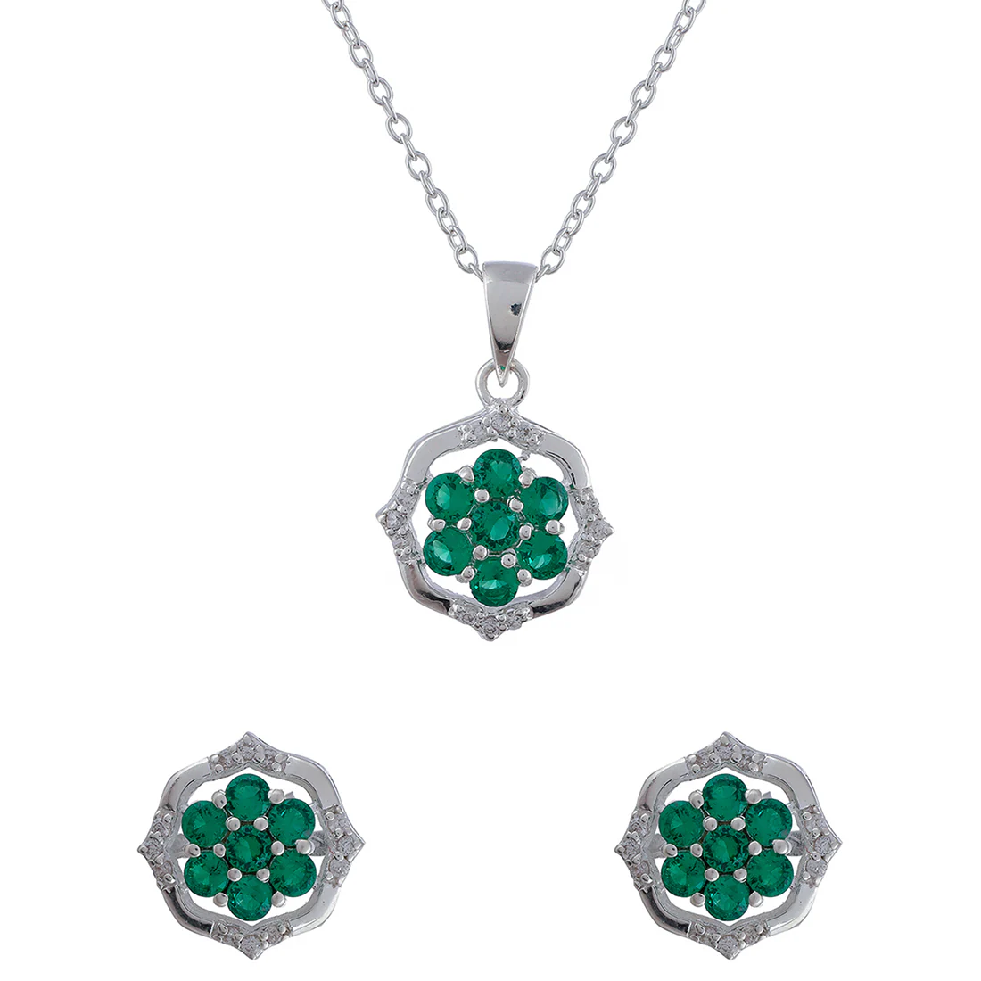 Green Stone Studded 925 Sterling Silver Pendant Set - Image 3