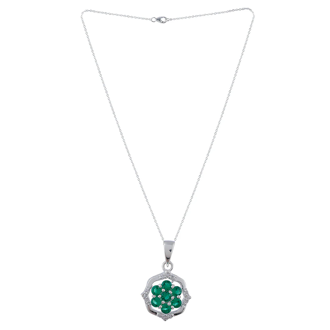 Green Stone Studded 925 Sterling Silver Pendant Set - Image 4