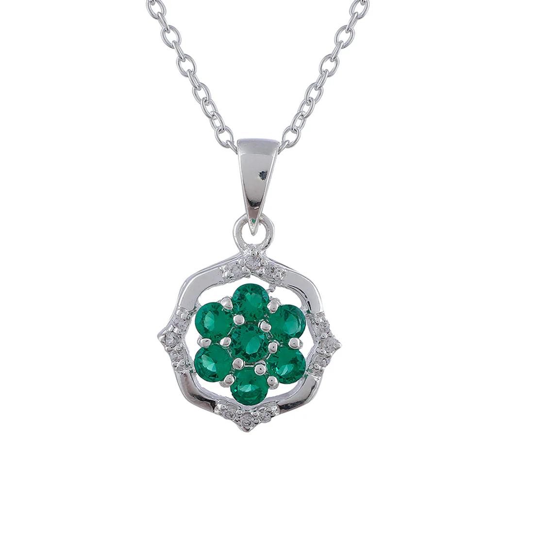 Green Stone Studded 925 Sterling Silver Pendant Set - Image 5
