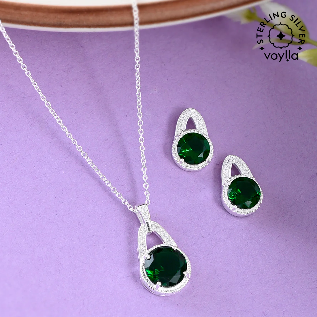 Green Stone Studded 925 Sterling Silver Pendant Set