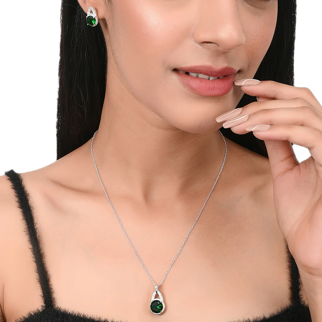 Green Stone Studded 925 Sterling Silver Pendant Set - Image 2