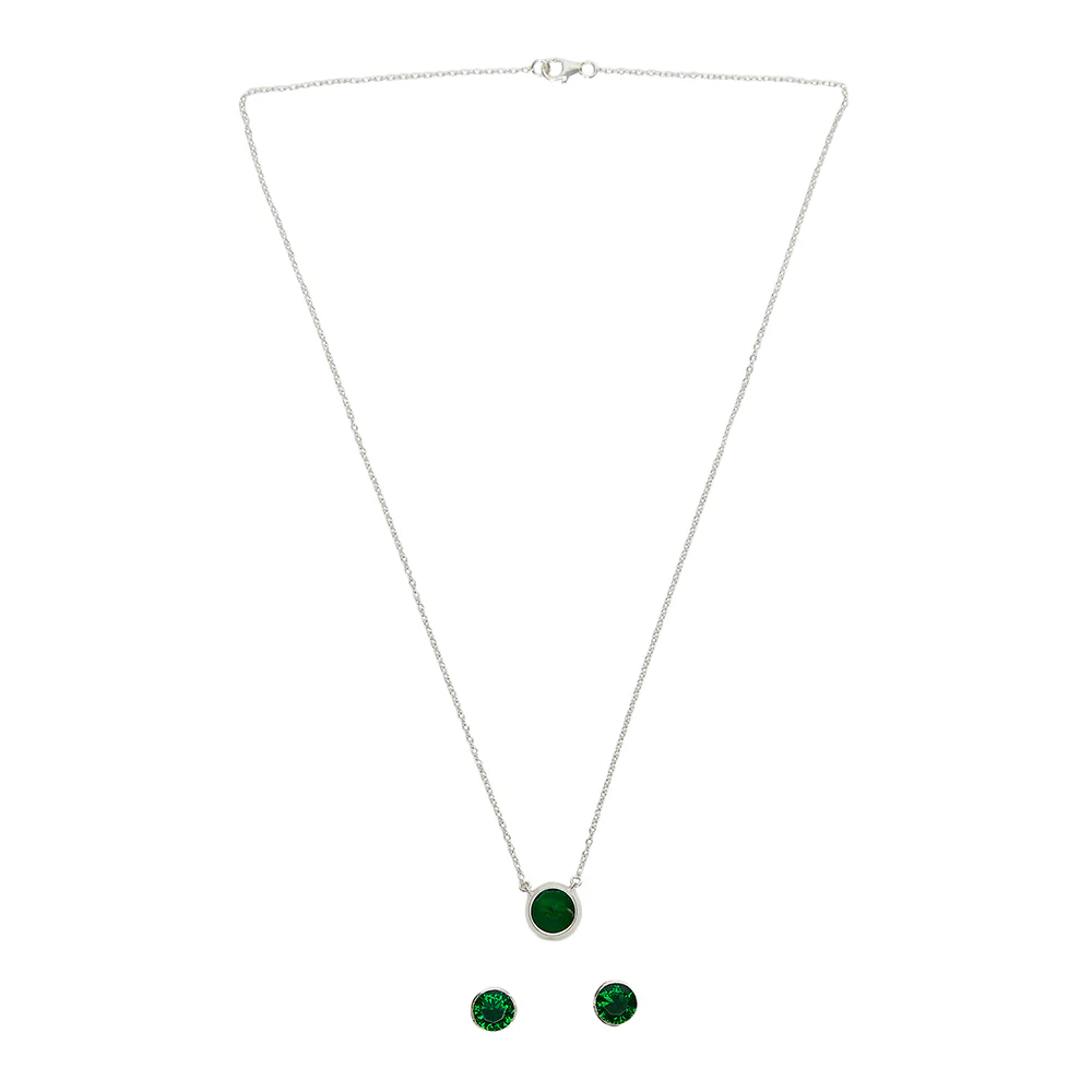 Green Stone Studded 925 Sterling Sterling Silver Pendant Set - Image 3