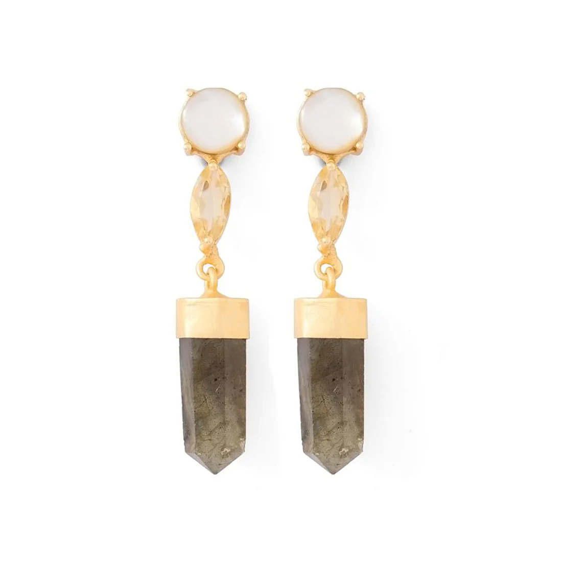 Green-White Stones Adorned Gold Tone Dangler Earrings