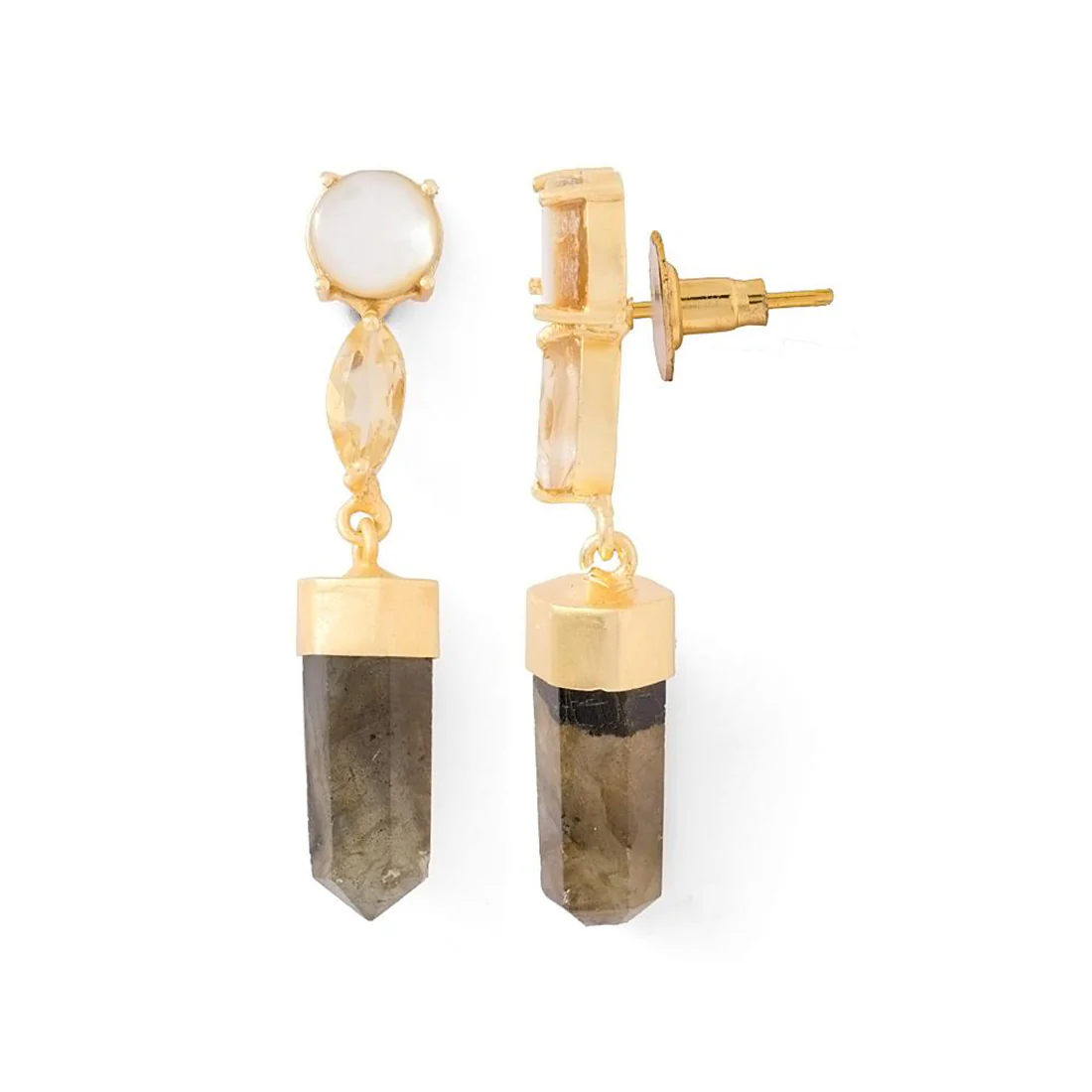Green-White Stones Adorned Gold Tone Dangler Earrings - Image 2