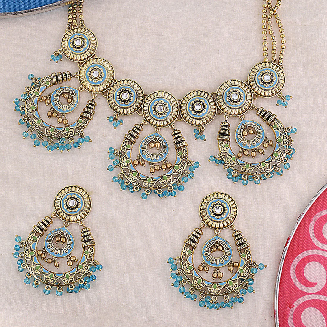 Gwalior Chandbali Drops Gold Toned Necklace Set
