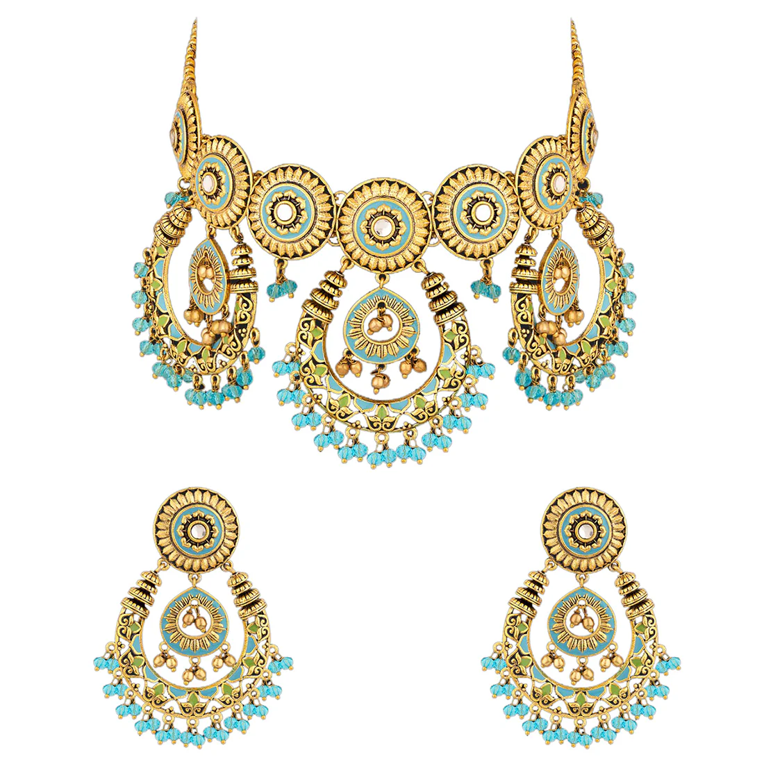 Gwalior Chandbali Drops Gold Toned Necklace Set - Image 3