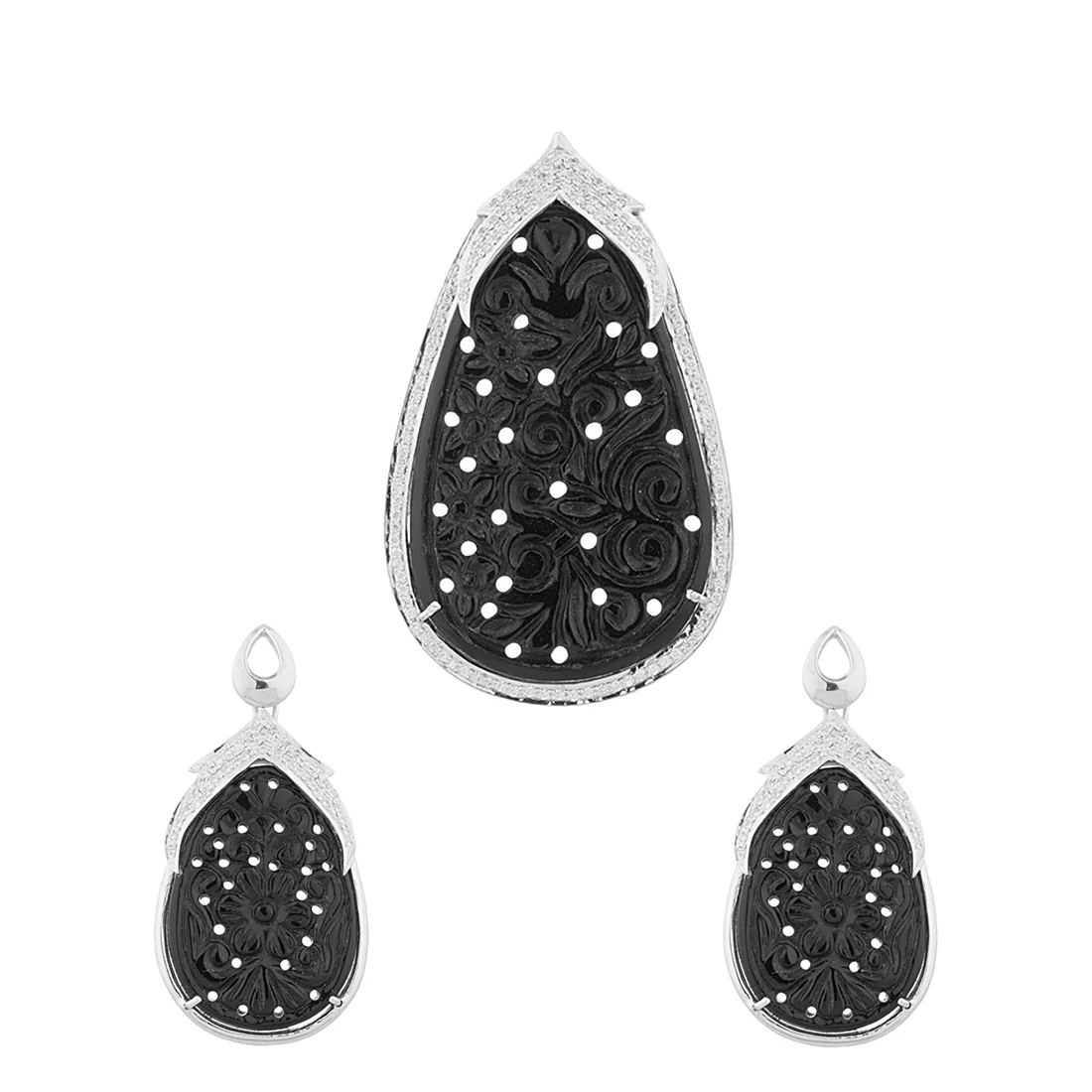Hand Carved Black Onyx and Sterling Silver Pendant set.