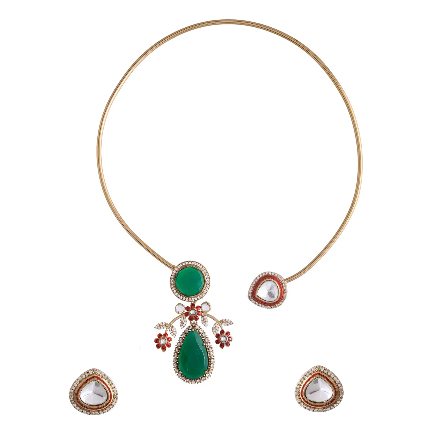 Hasli Elegant Green And Red Kundan Studded Golden Necklace Set - Image 3