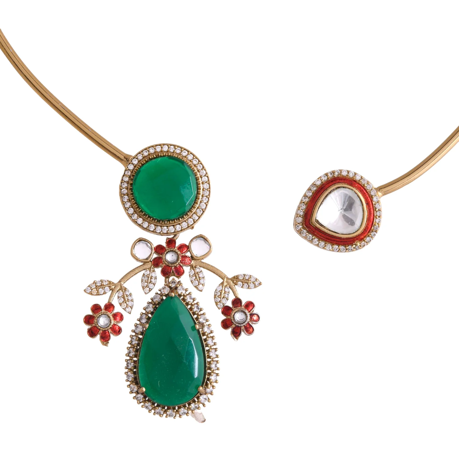 Hasli Elegant Green And Red Kundan Studded Golden Necklace Set - Image 4