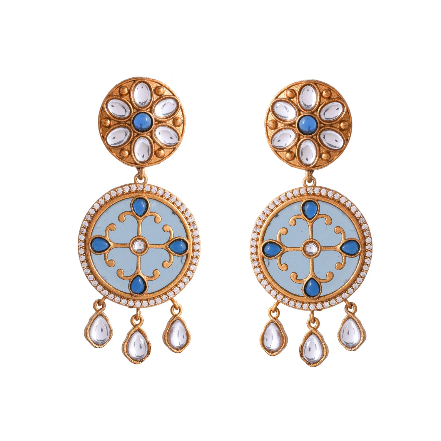 Hasli Elegant Long Blue Floral Kundan Studded Golden Necklace Set - Image 5