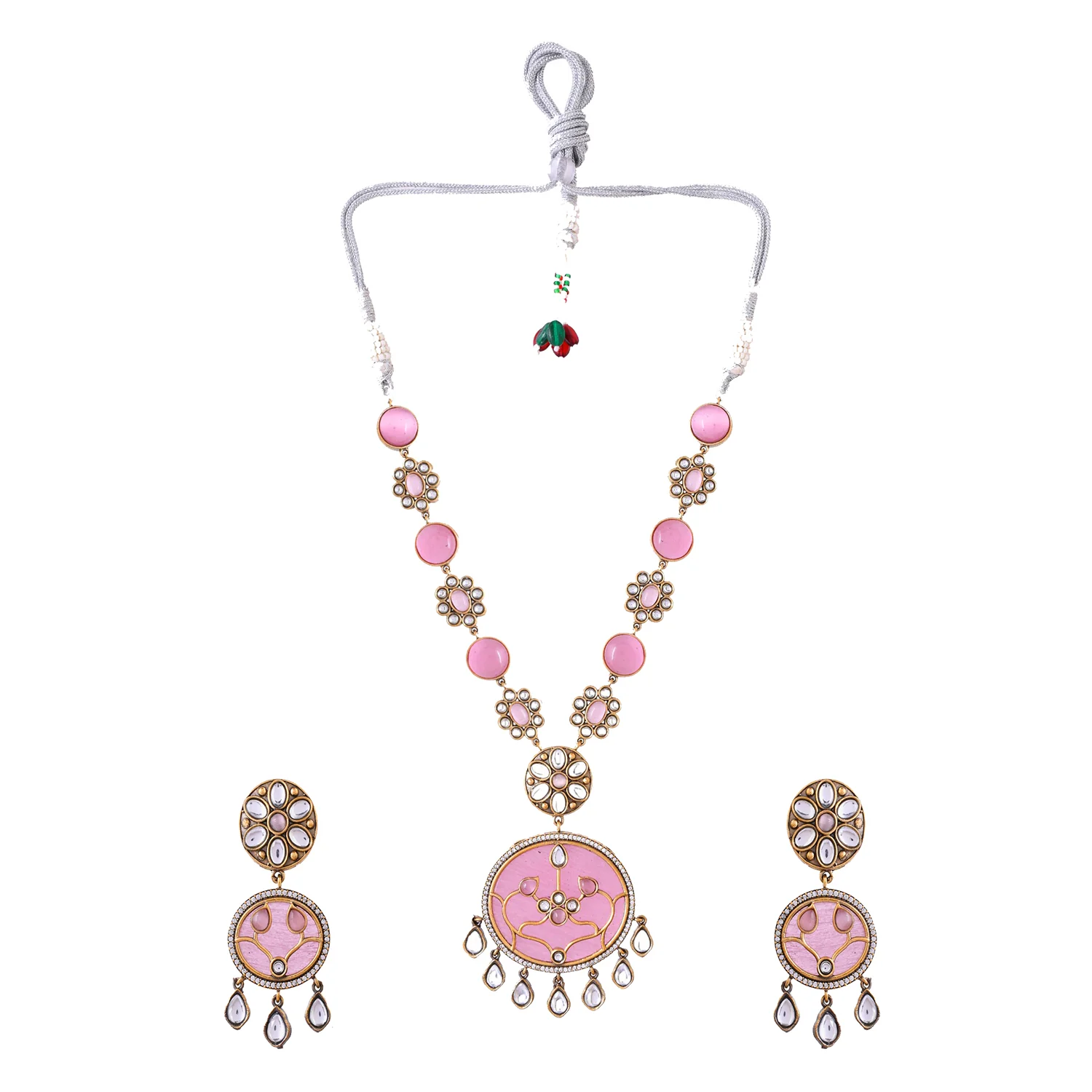 Hasli Gleaming Pink Kundan Studded Gold Necklace Set - Image 3