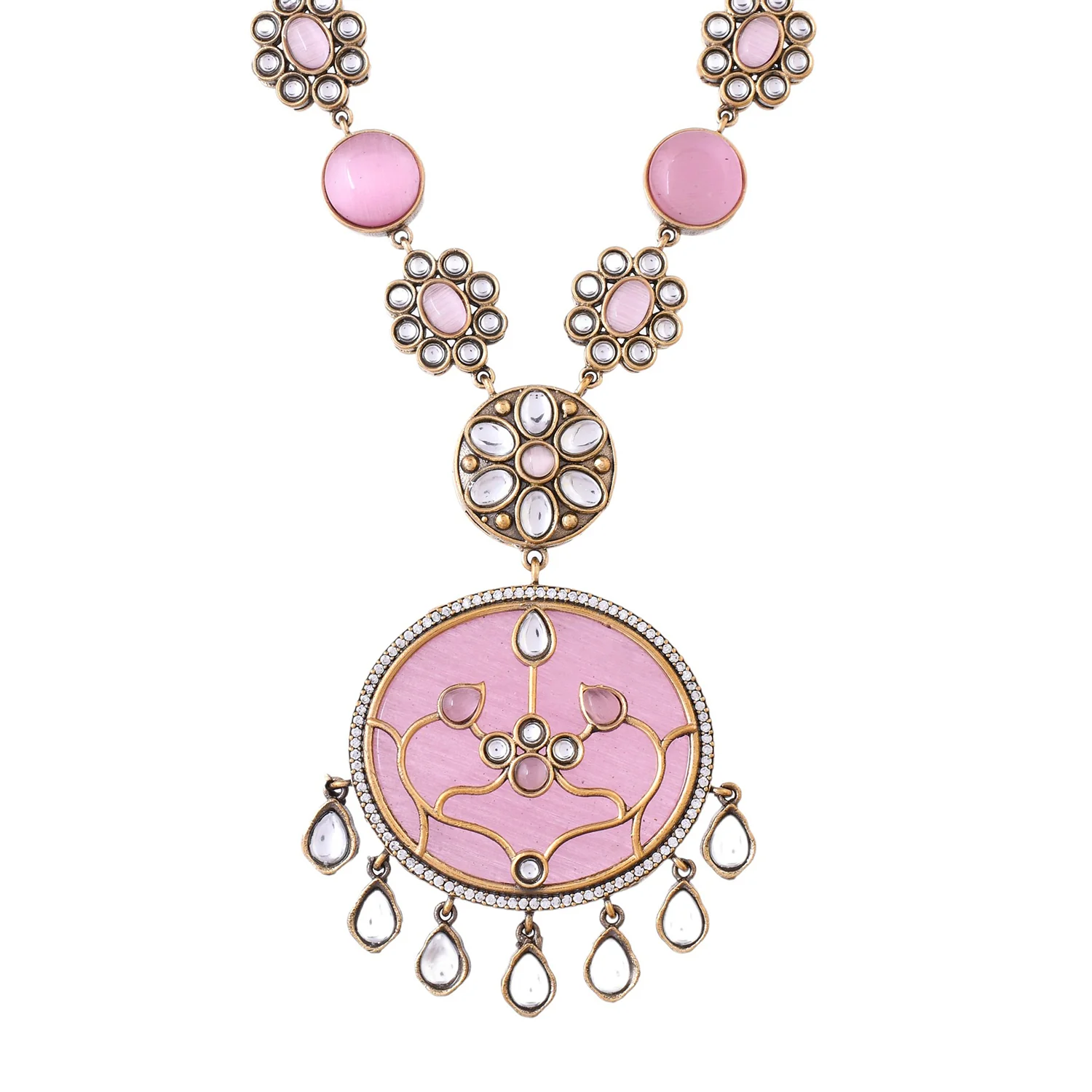 Hasli Gleaming Pink Kundan Studded Gold Necklace Set - Image 4