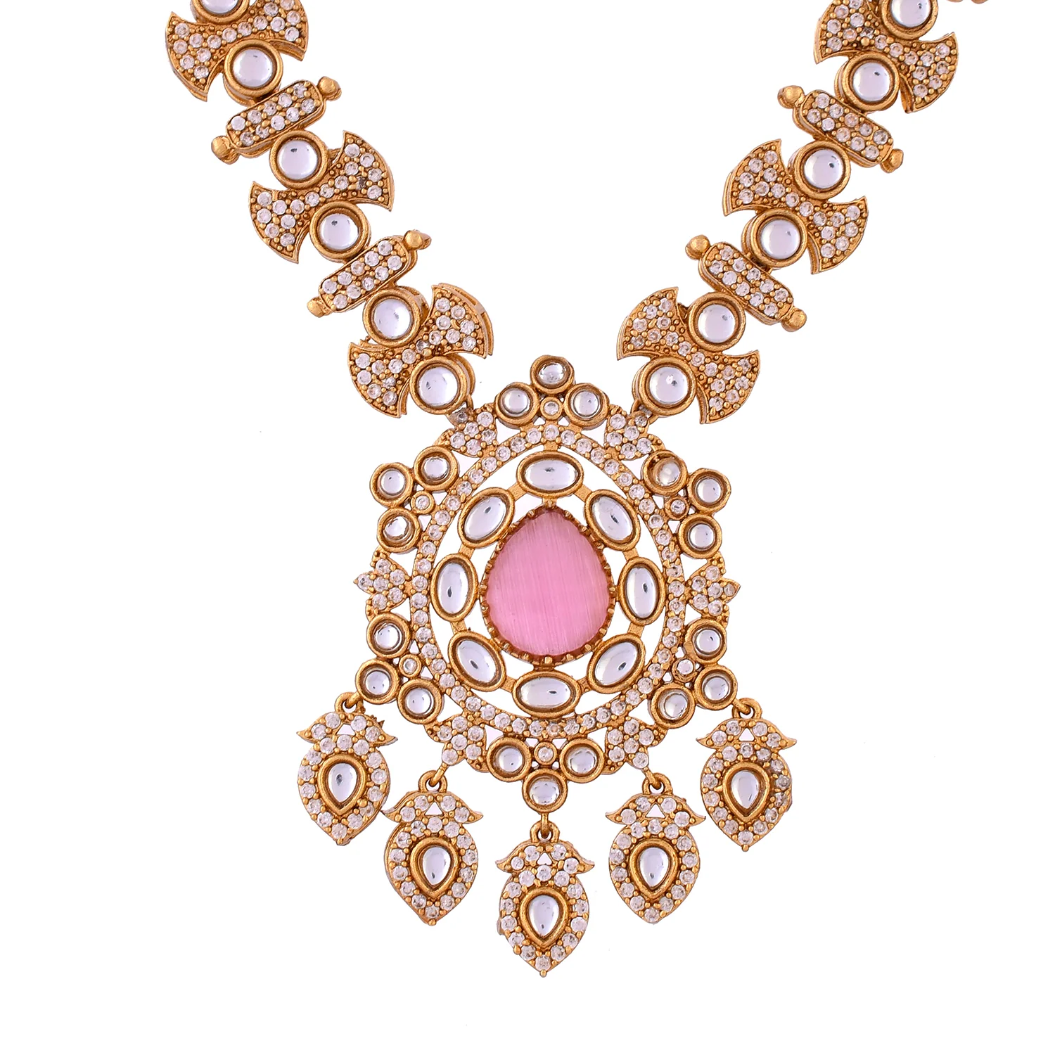 Hasli Opulent Pink And White Kundan Studded Gold Necklace Set - Image 5