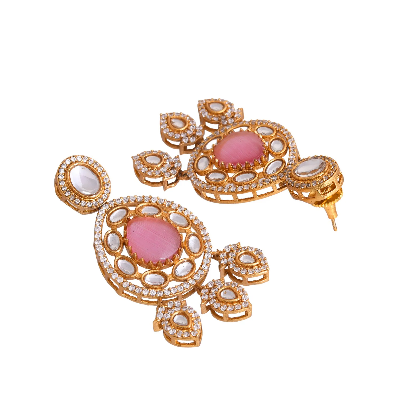 Hasli Opulent Pink And White Kundan Studded Gold Necklace Set - Image 7