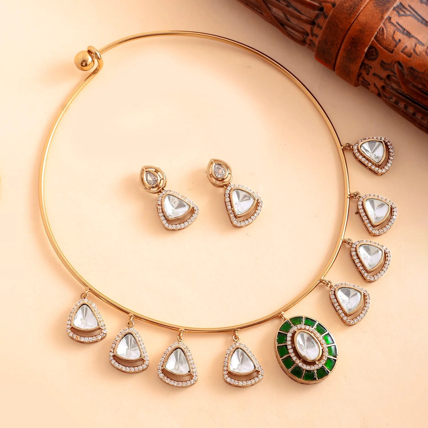 Hasli Regal Radiance Green Kundan Embellished Golden Necklace Set