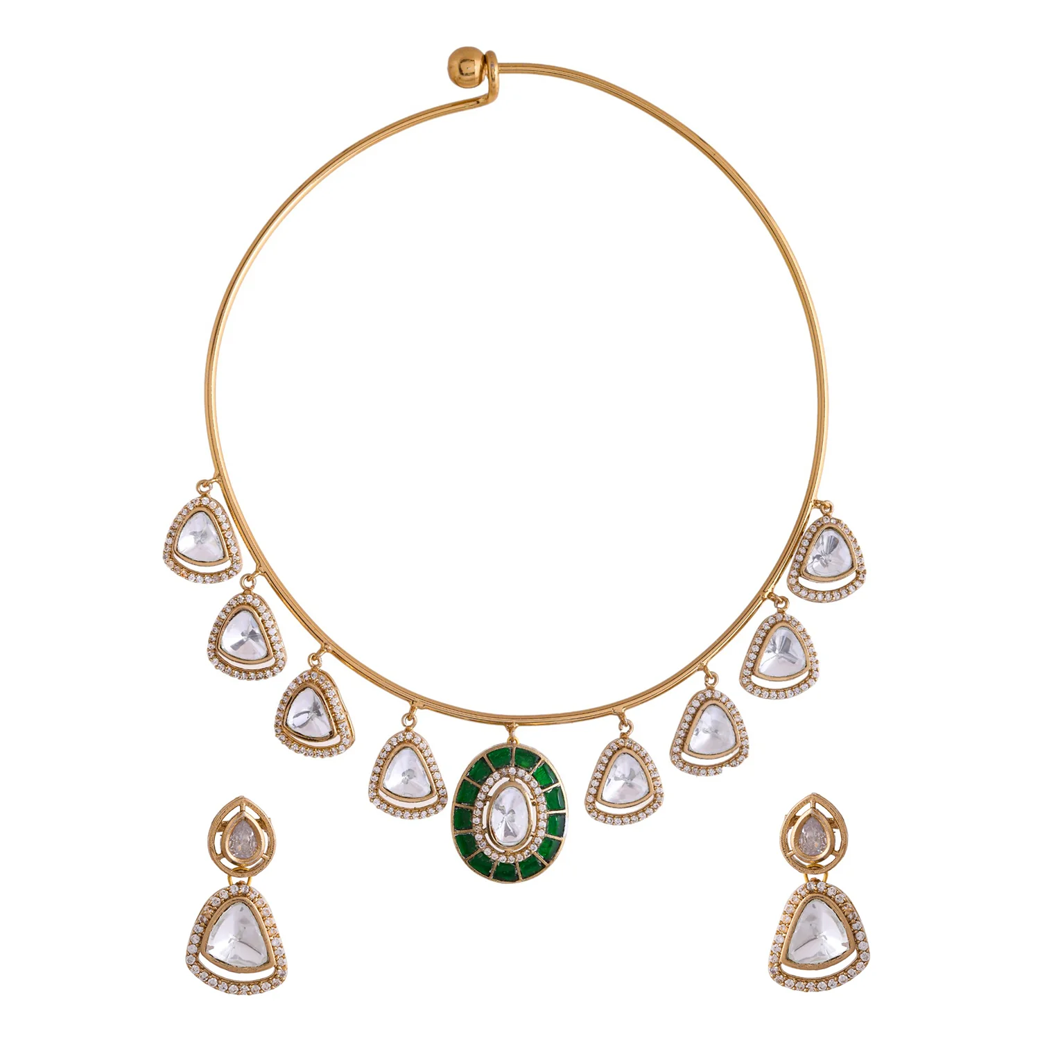 Hasli Regal Radiance Green Kundan Embellished Golden Necklace Set - Image 3