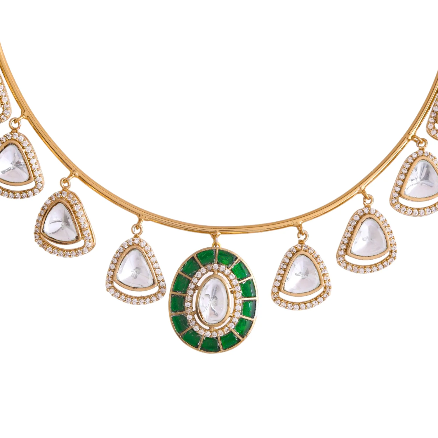 Hasli Regal Radiance Green Kundan Embellished Golden Necklace Set - Image 4
