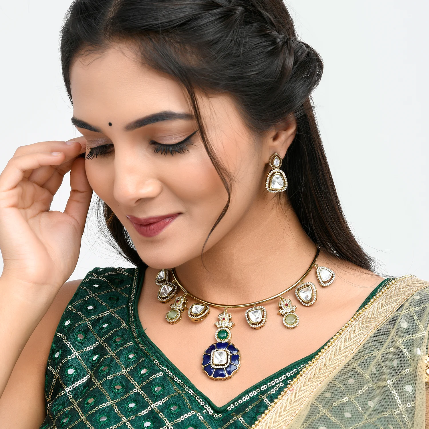 Hasli Statement Blue And White Kundan-Studded Golden Necklace Set - Image 2