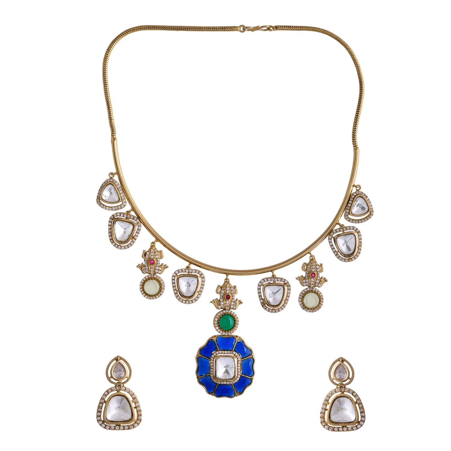 Hasli Statement Blue And White Kundan-Studded Golden Necklace Set - Image 3