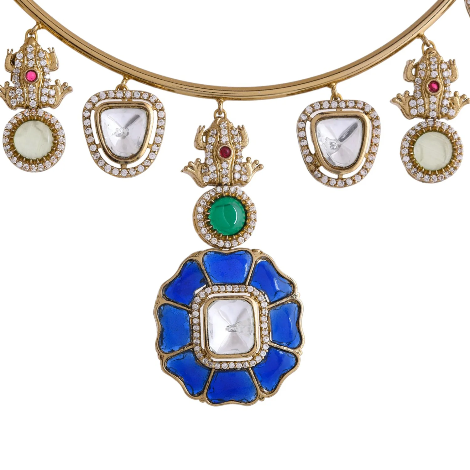 Hasli Statement Blue And White Kundan-Studded Golden Necklace Set - Image 4