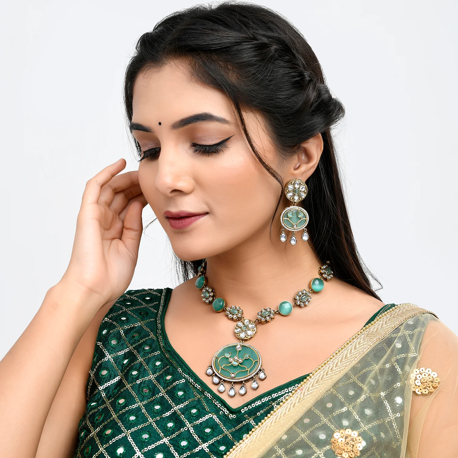 Hasli Turquoise Elegance Gold Kundan Necklace Set - Image 2
