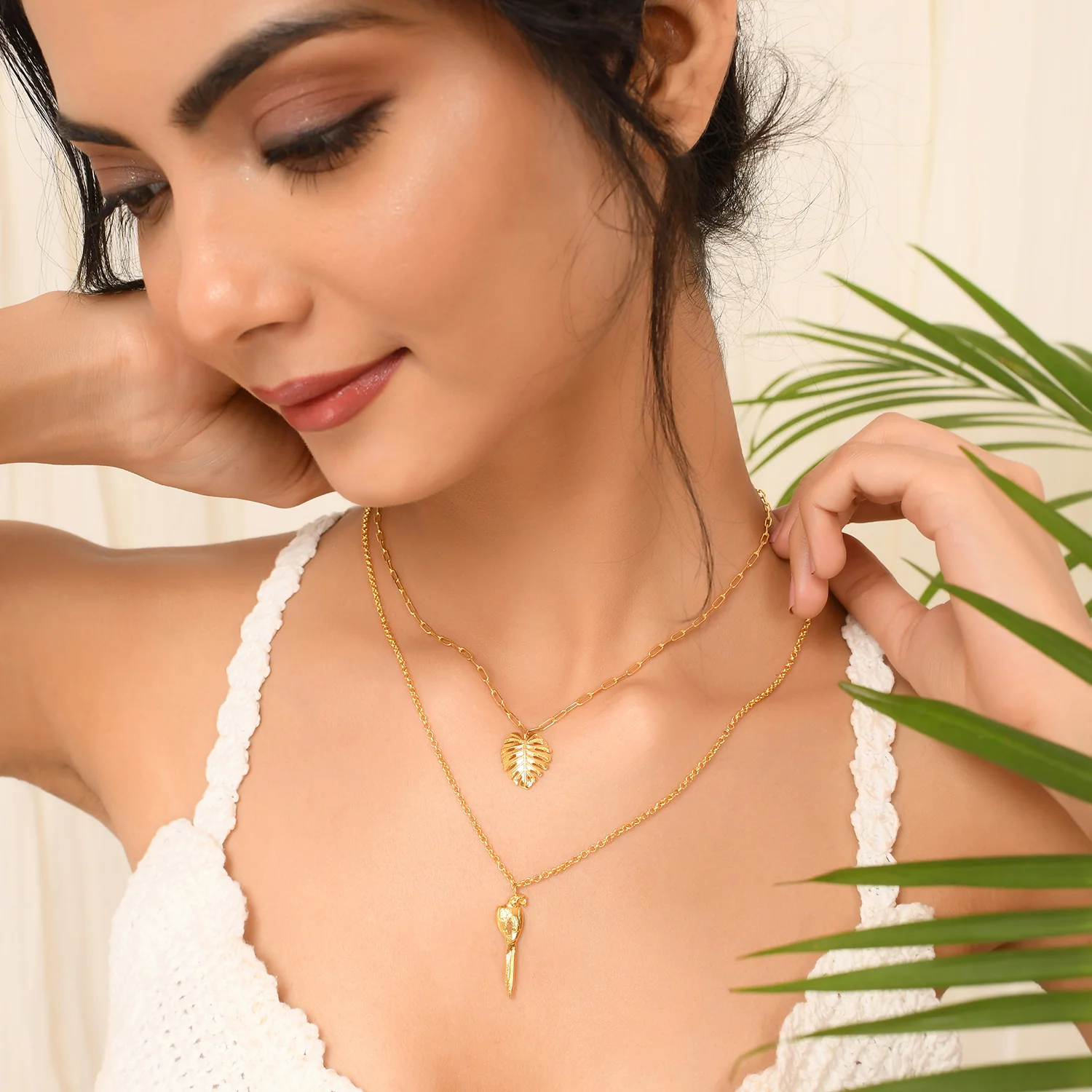 Hawaii Double-Layered Monstera And Tropical Bird Necklace - Image 2