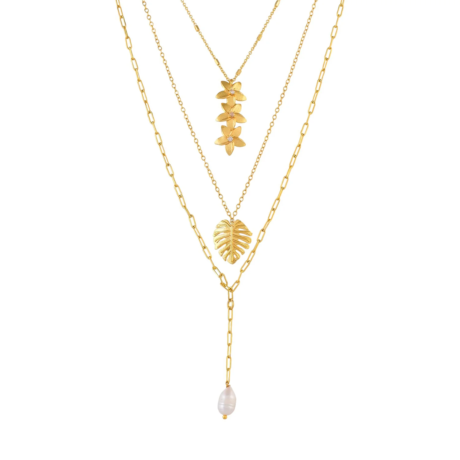 Hawaii Multi-Layered Plumeria Pearl Drop Necklace - Image 3