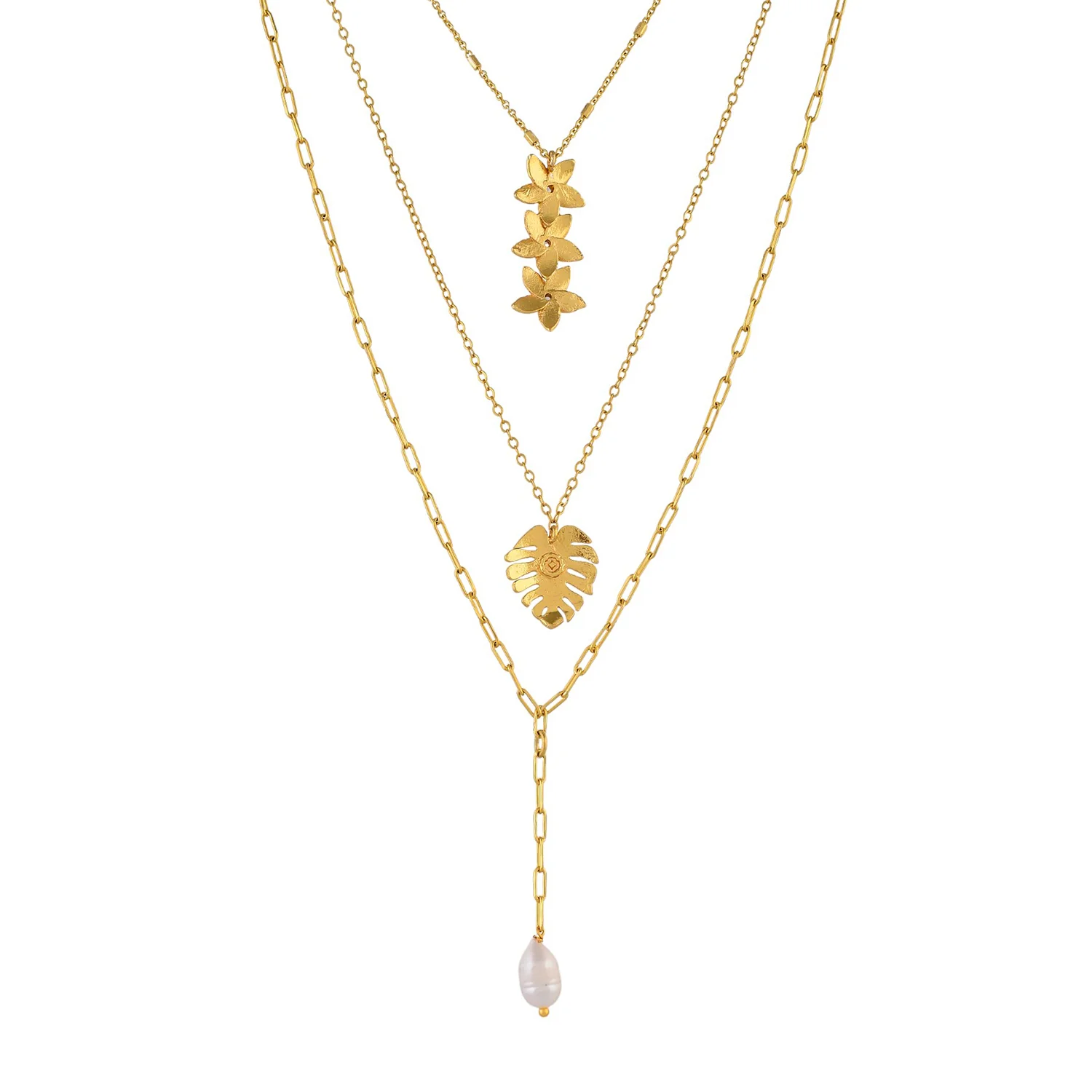 Hawaii Multi-Layered Plumeria Pearl Drop Necklace - Image 5