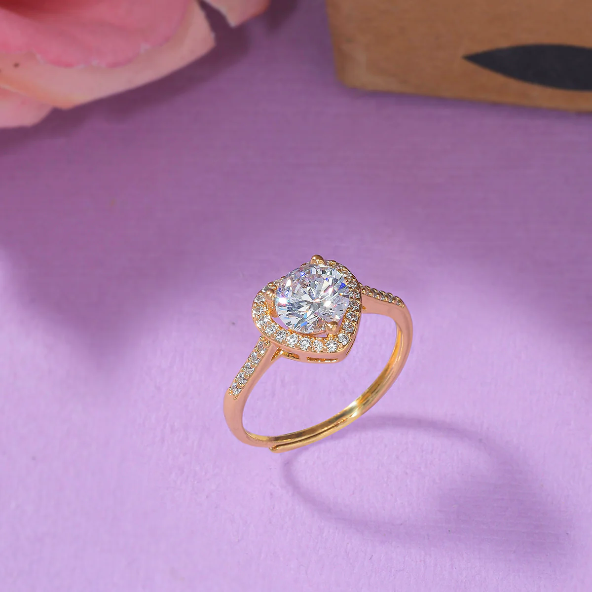 Heart Round Cut Zircon Adorned Gold Plated Brass Ring