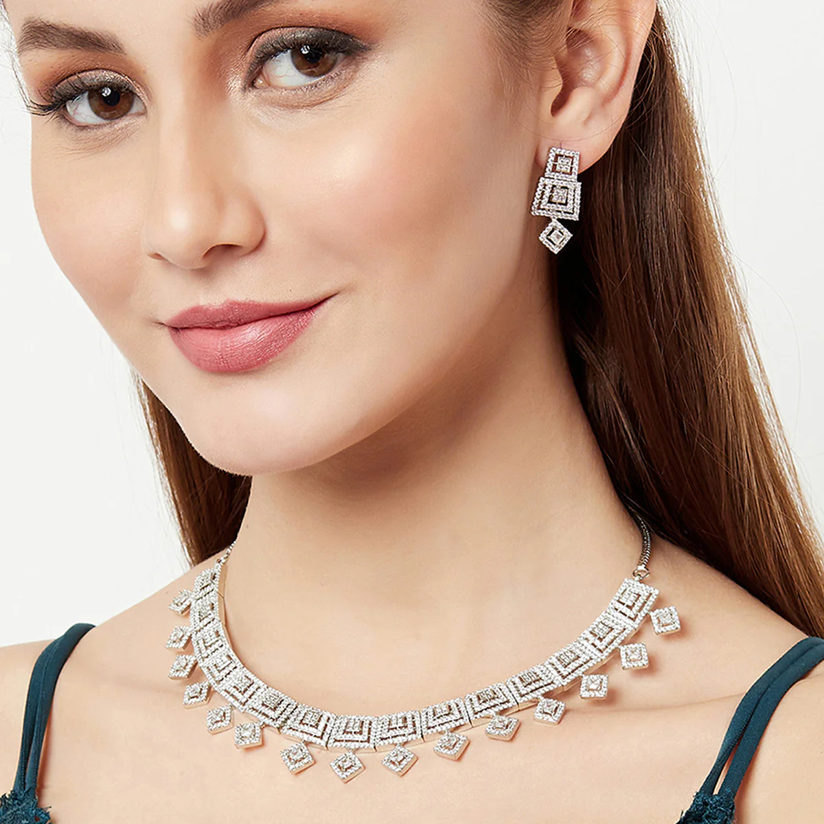 Heavily Embellished Brass Necklace Set from Sparkling Elegance - Image 2