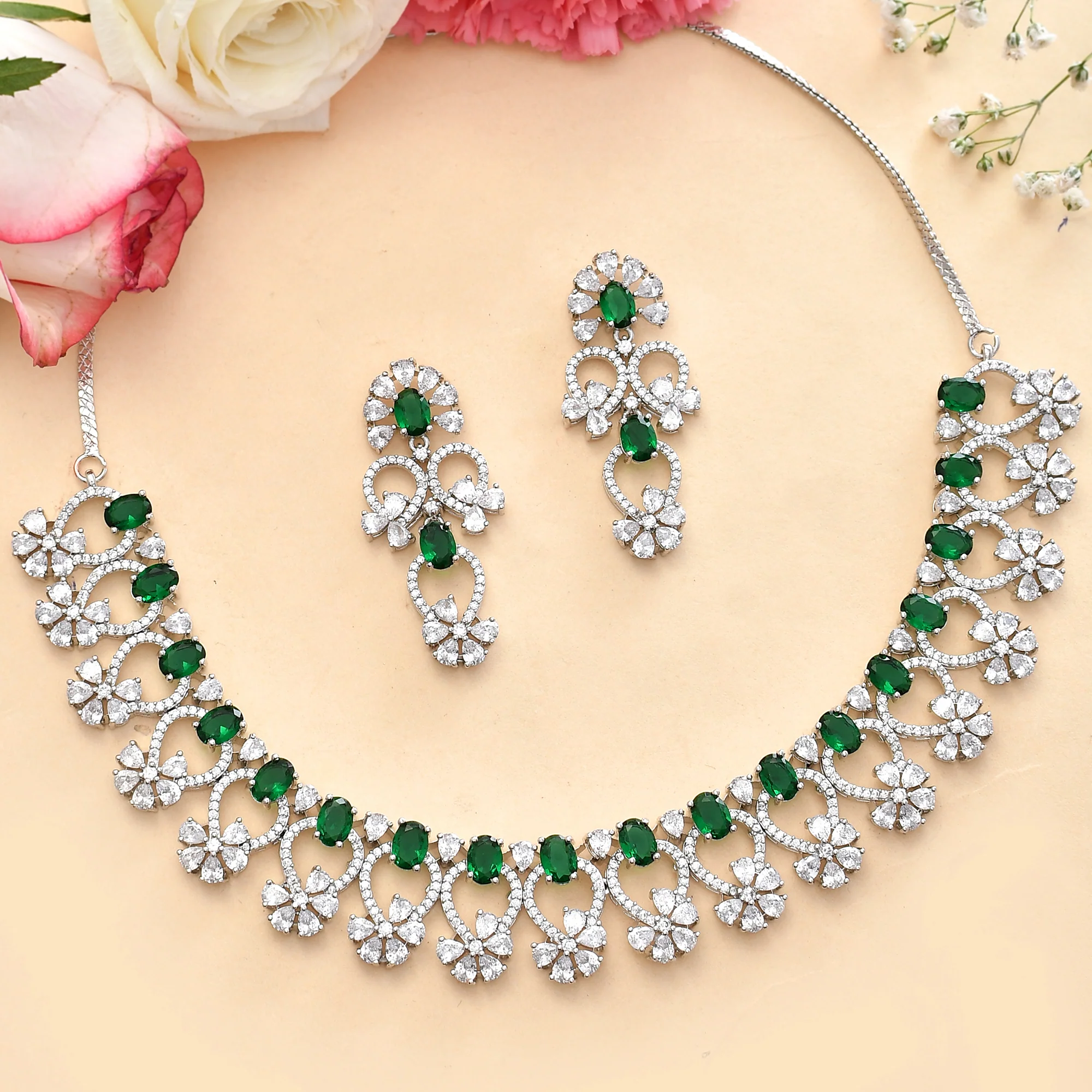 Heavily Embellished Brass Silver Plated Jewellery Set