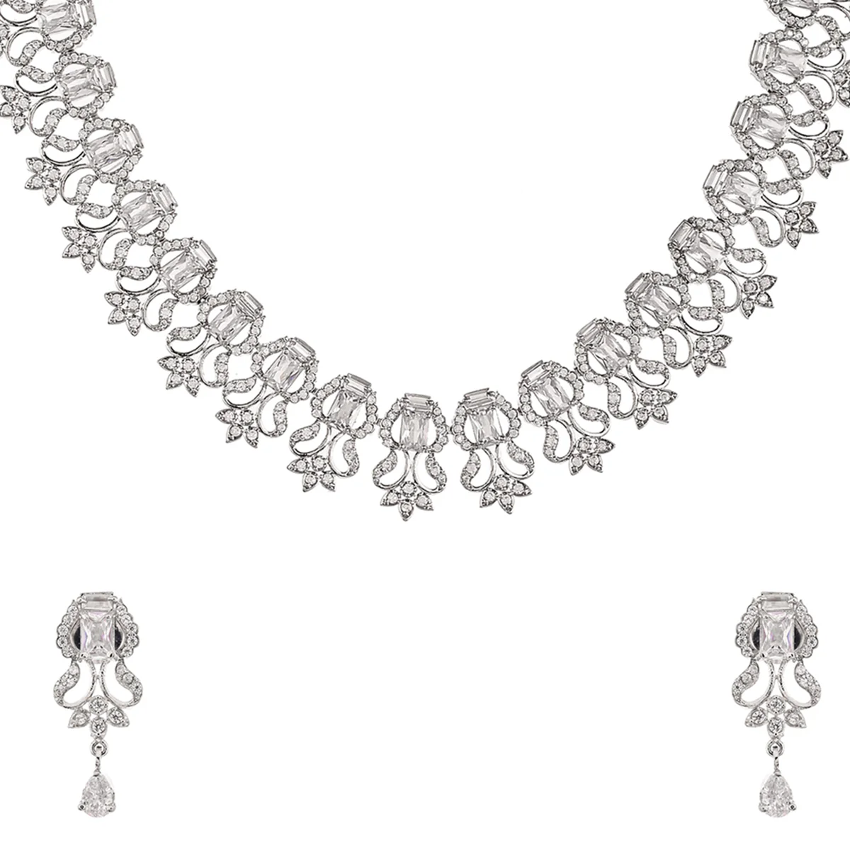 Heavily Embellished Cluster Setting Zircons Silver Plated Jewellery Set - Image 4