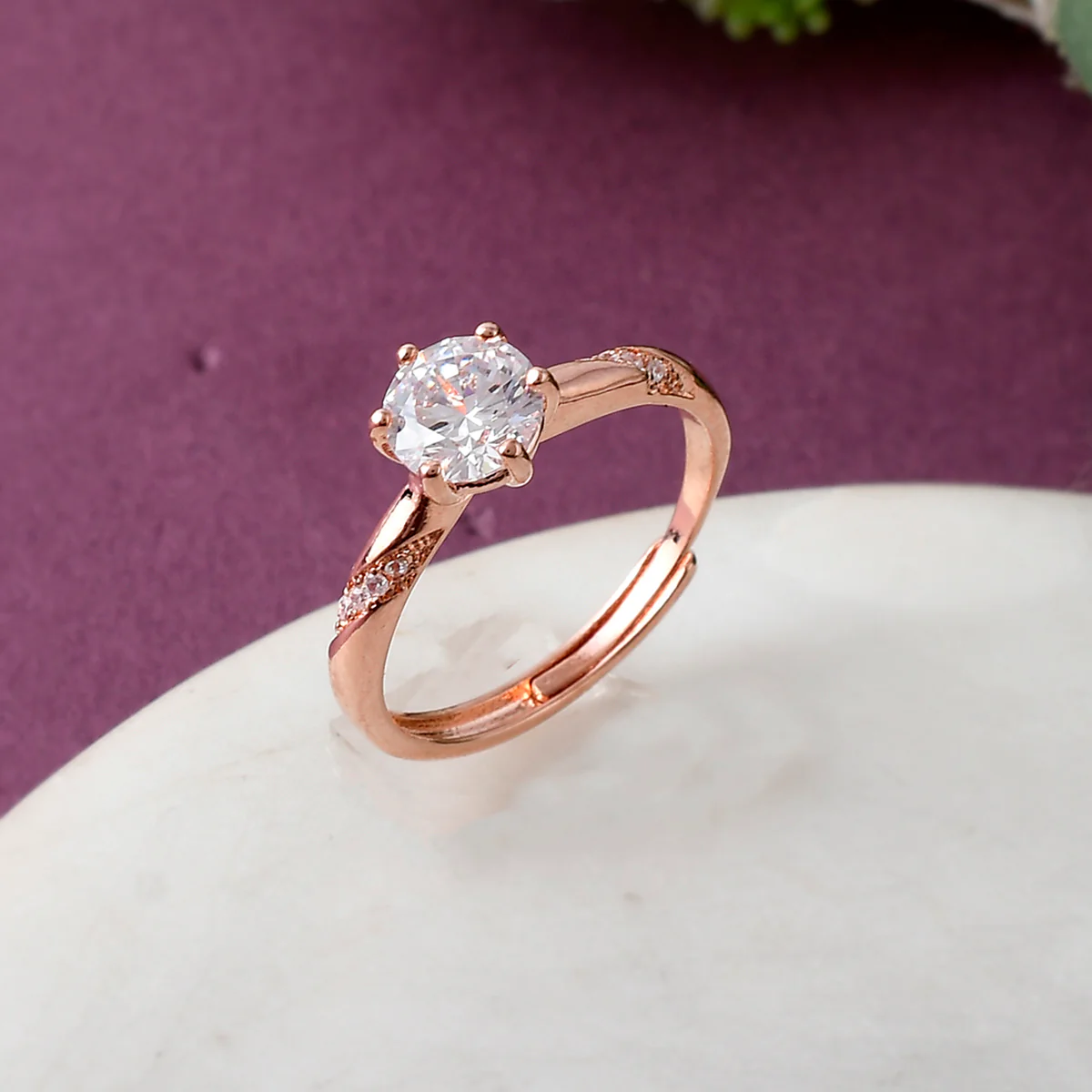 High Set Round Cut Zircon Rose Gold Plated Brass Ring