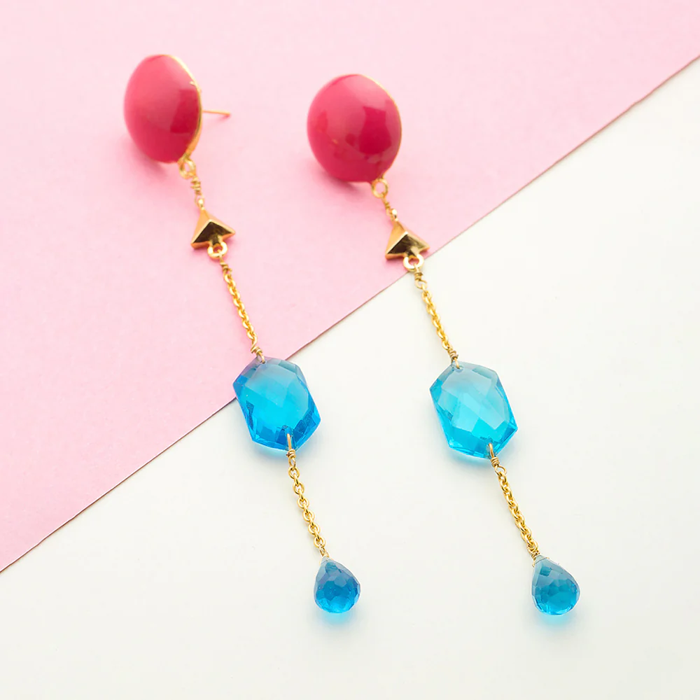 Icy Blue Stone Studded Golden Dangler Earrings
