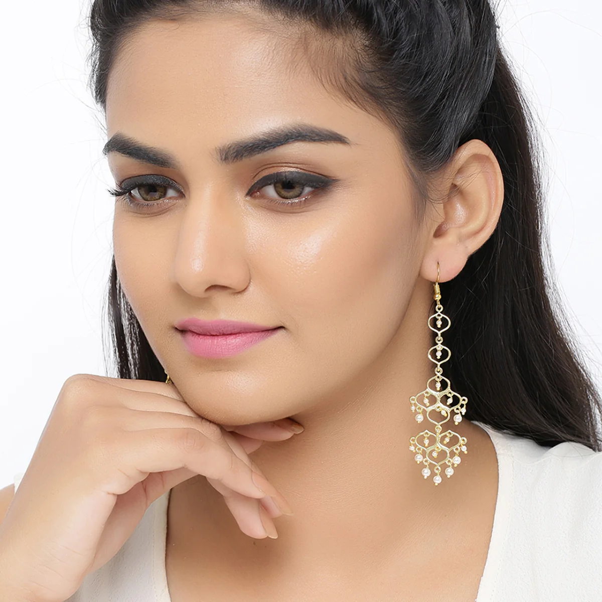 Jaali Pearl Circles Long Drop Earrings - Image 2
