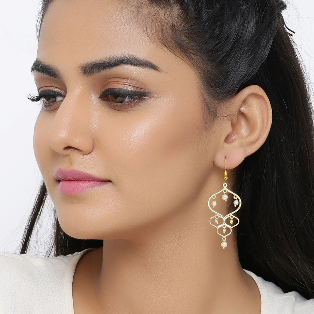 Jaali Pearl Gold Plated Drop Earrings - Image 2
