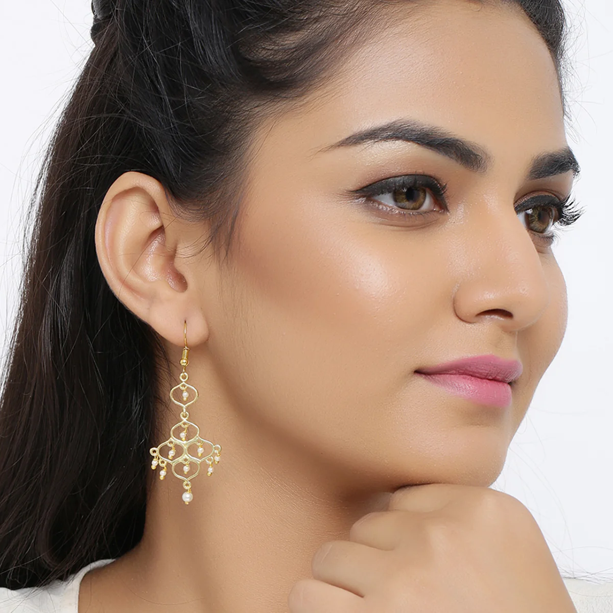 Jaali Pearl Gold Toned Drop Earrings - Image 2