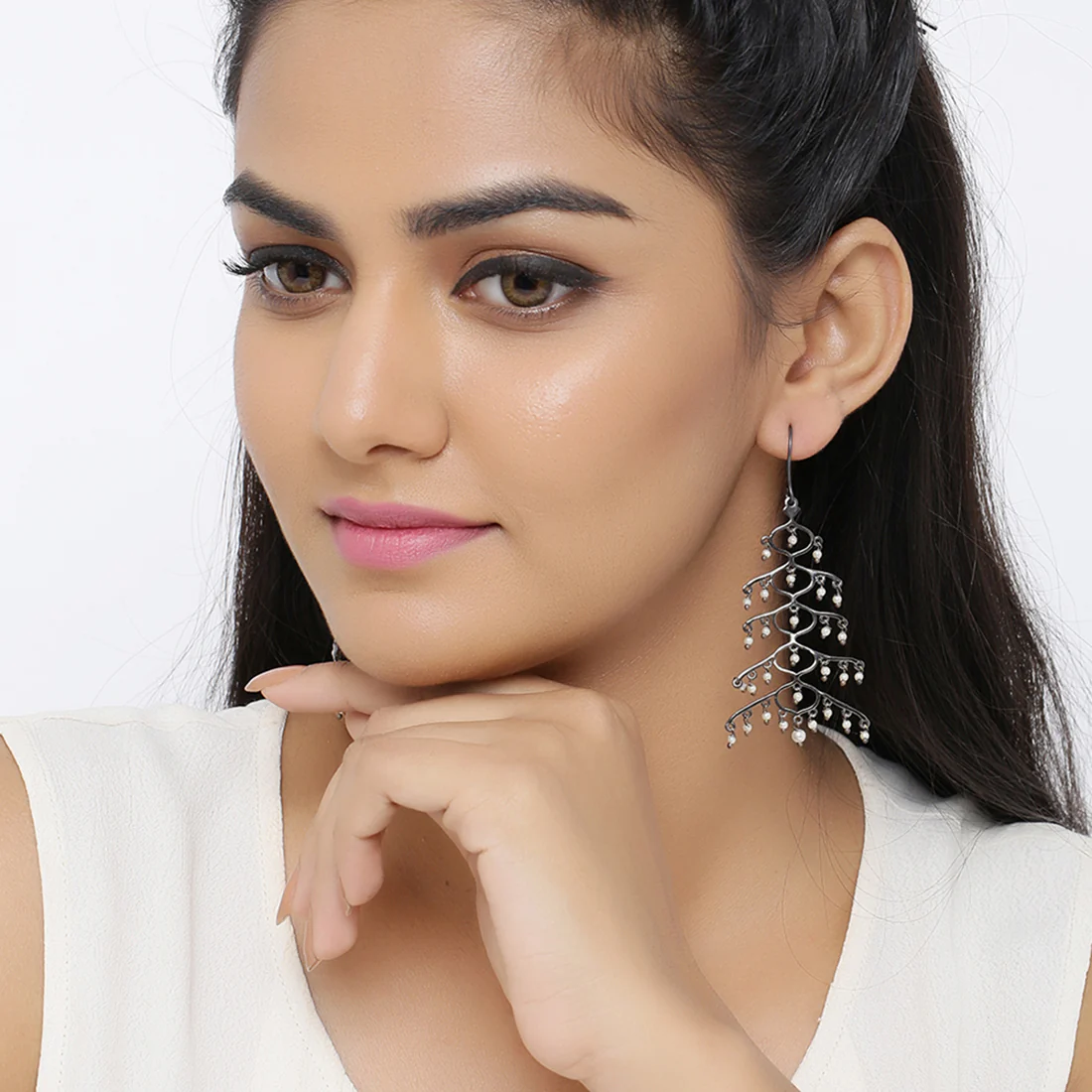 Jaali Pearl Layered Brass Earrings - Image 2