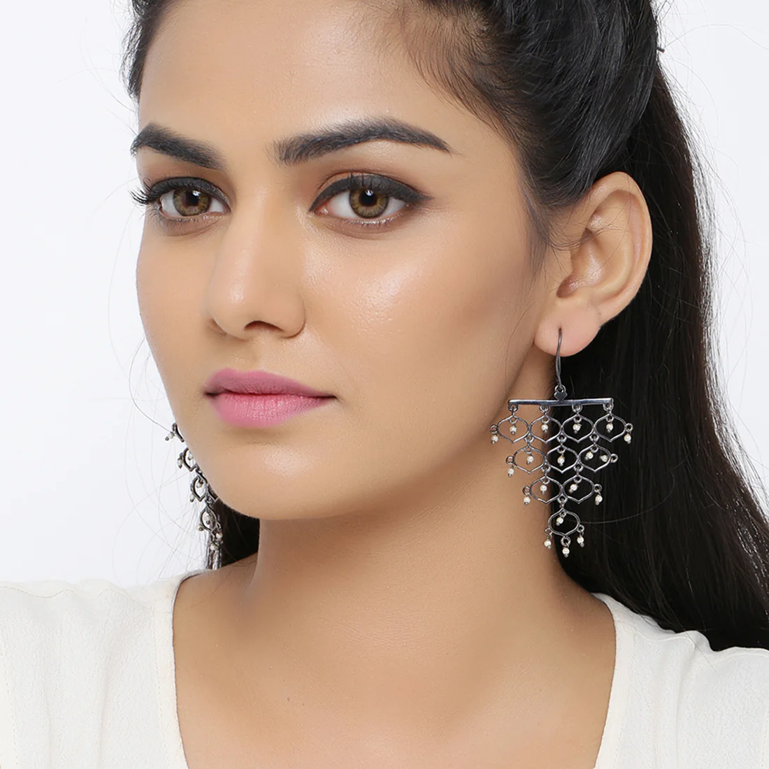 Jaali Pearl Layered Drop Earrings - Image 2