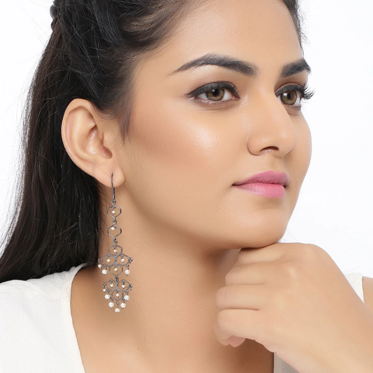 Jaali Pearl Long Drop Brass Earrings - Image 2