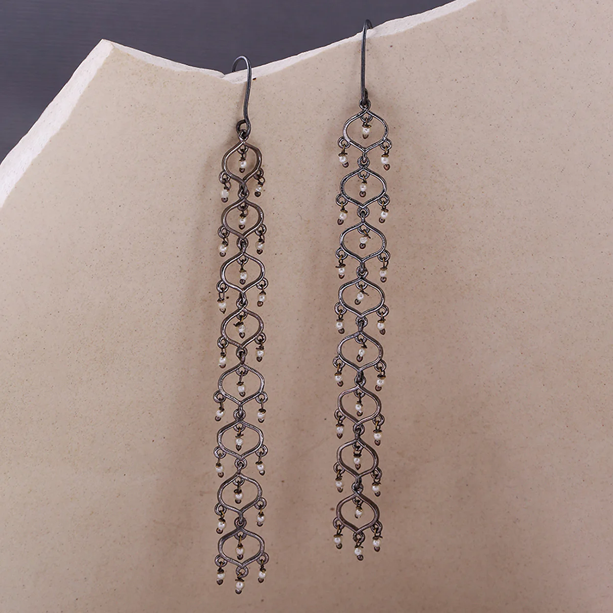 Jaali Pearl Long Drop Earrings