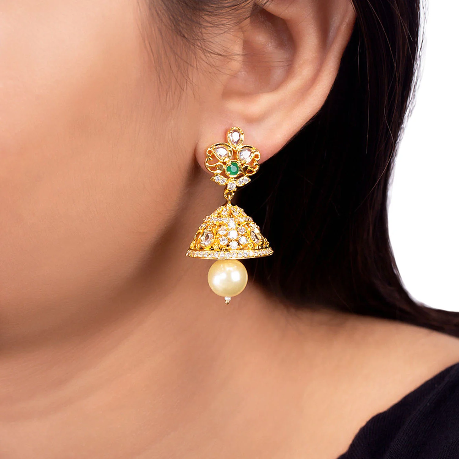 Jhumka Drop CZ Gems Earrings - Image 2