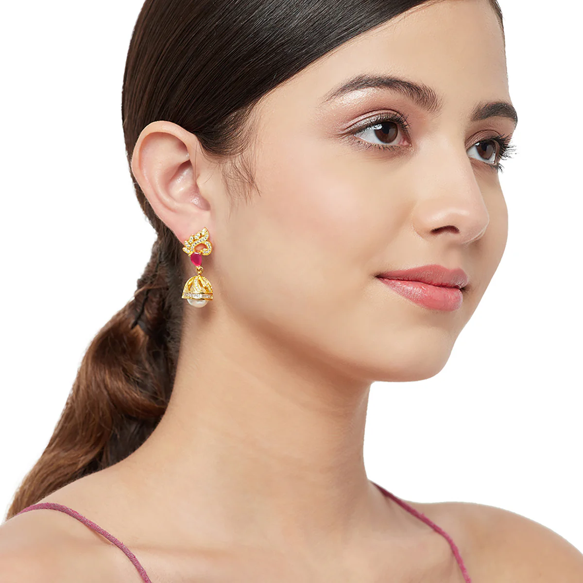 Jhumki Earrings Dangled With Pearl - Image 2