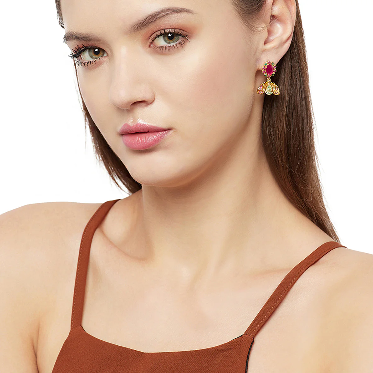 Jhumki Style Earrings with Pink Stones - Image 2
