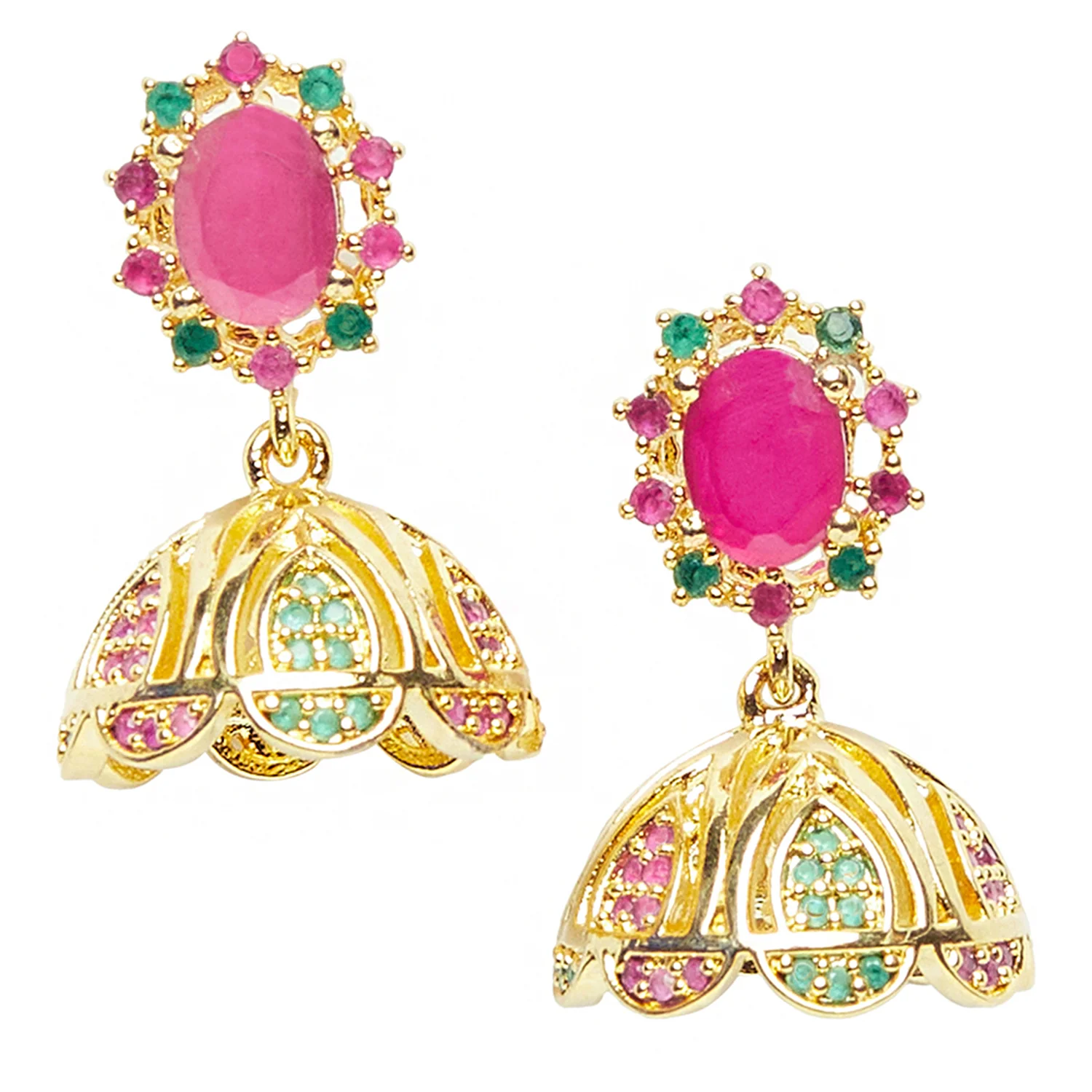 Jhumki Style Earrings with Pink Stones - Image 3
