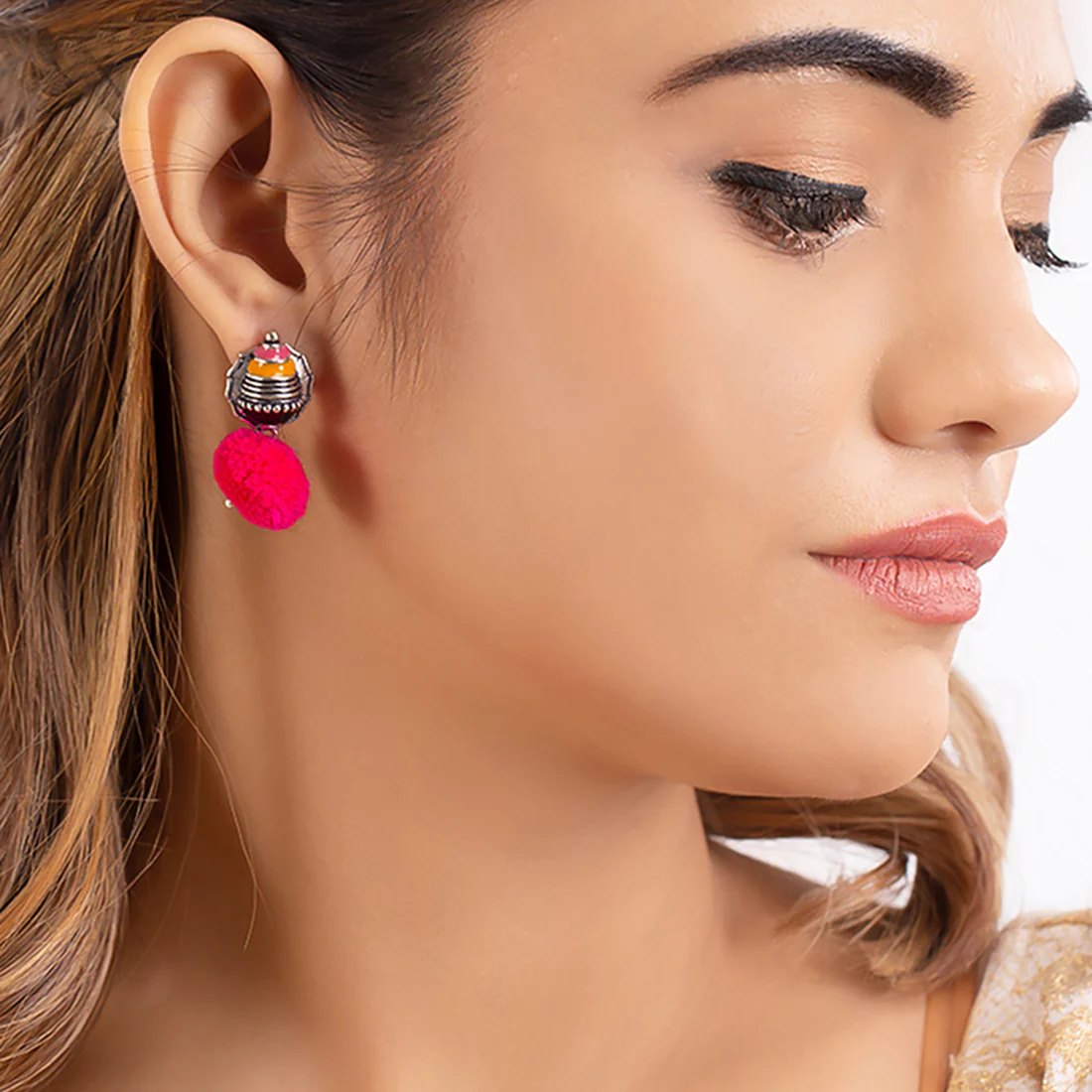 Kalbelia Dome Pom Pom Earrings - Image 2