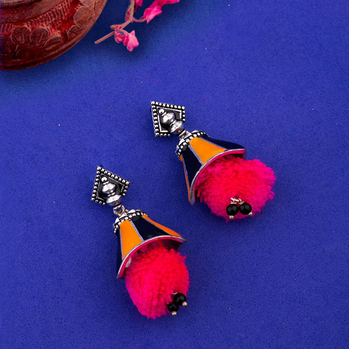 Kalbelia Enameled Pink Pom Pom Earrings