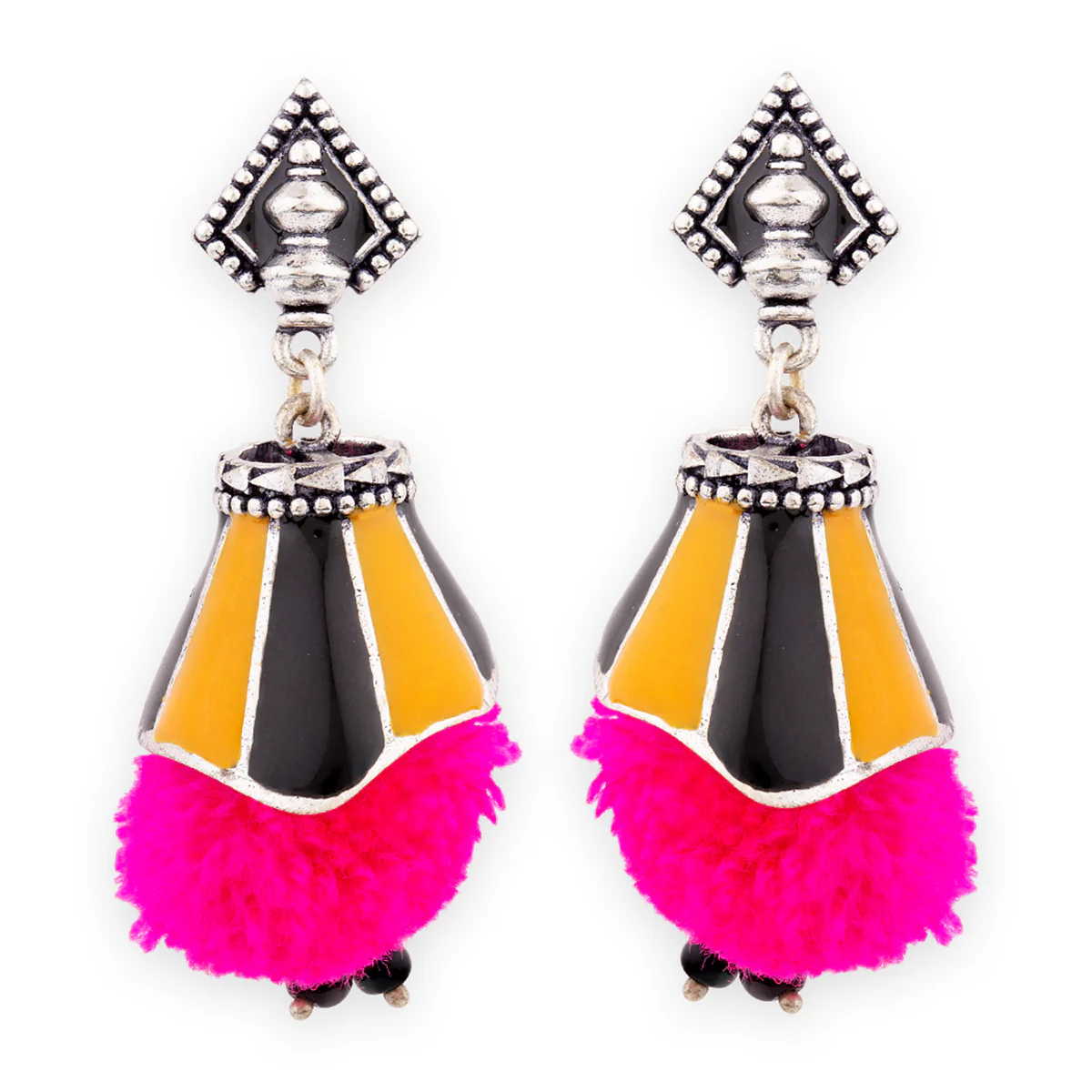 Kalbelia Enameled Pink Pom Pom Earrings - Image 4