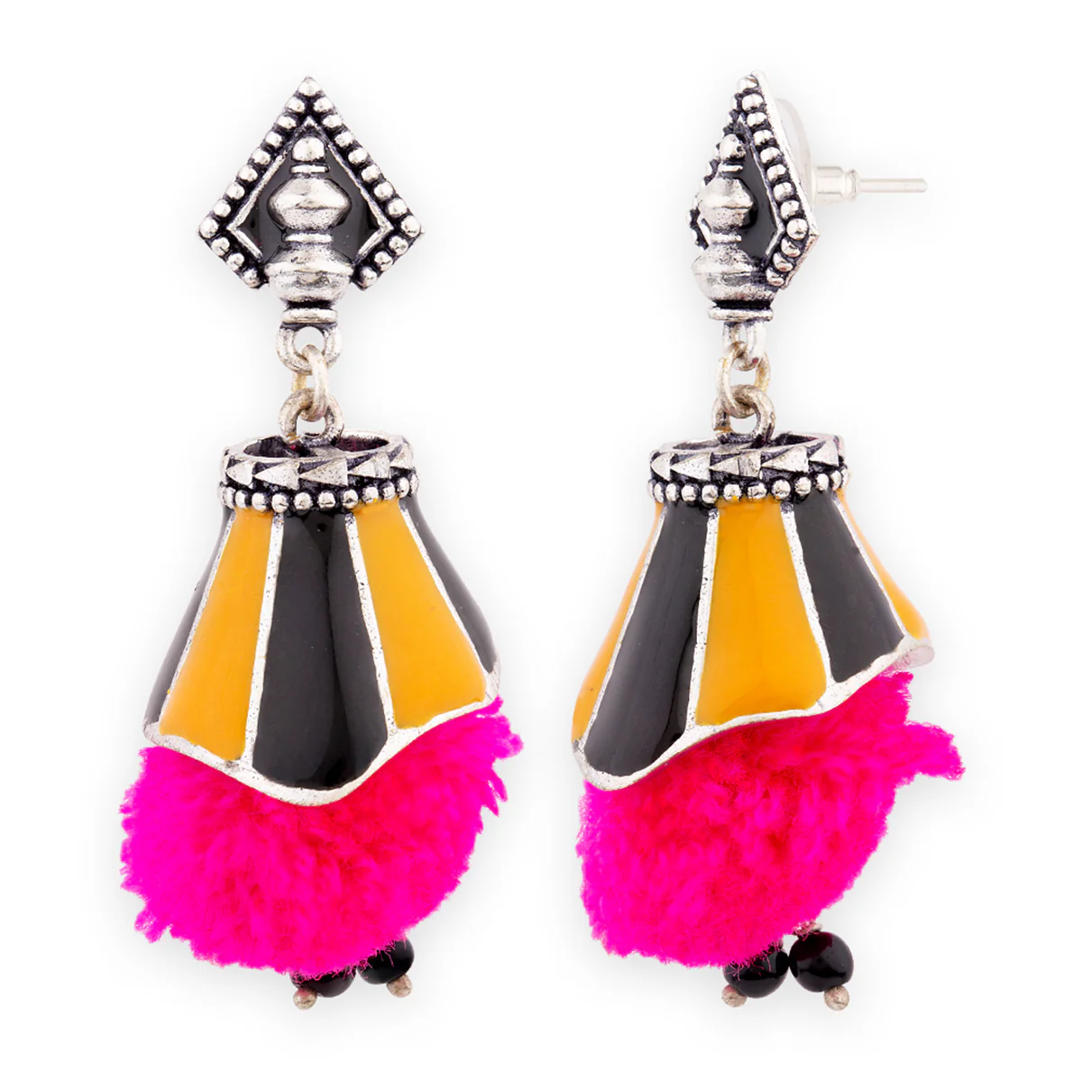 Kalbelia Enameled Pink Pom Pom Earrings - Image 5